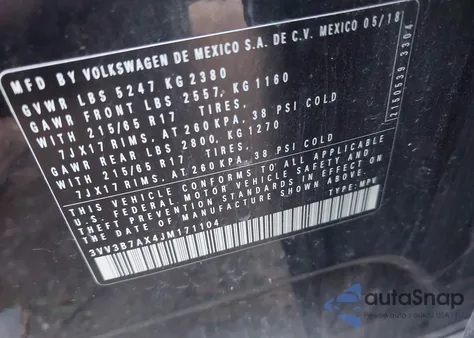 2018 Volkswagen Tiguan 2.0T Se/2.0T Sel from USA, damaged, VIN 3VV3B7AX4JM171104